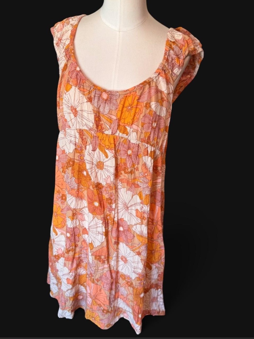 Volcom Orange and White Floral Scoop-Neck Tunic cap sleeve viscose szXl